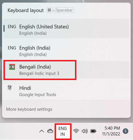 activate Bengali Indic input windows 11