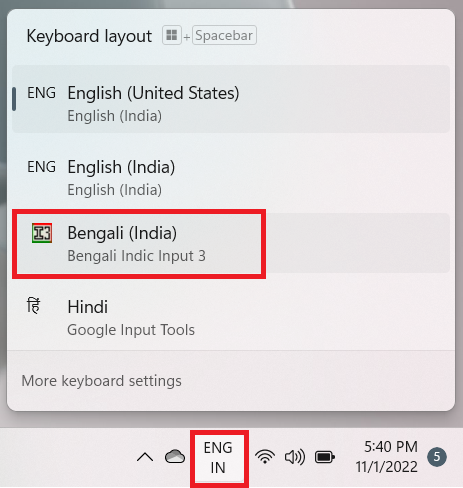 Activate Bengali Indic input windows 11